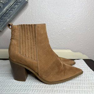 Just Fab Olwen Camel Textile Pointed Toe Zipper Block Heel Ankle Booties Size 8